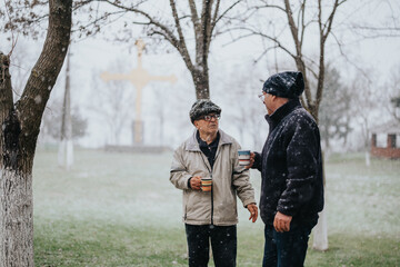 Fototapeta premium Two senior men chatting while holding cups, standing outdoors on a beautiful snowy day, conveying friendship and warmth.