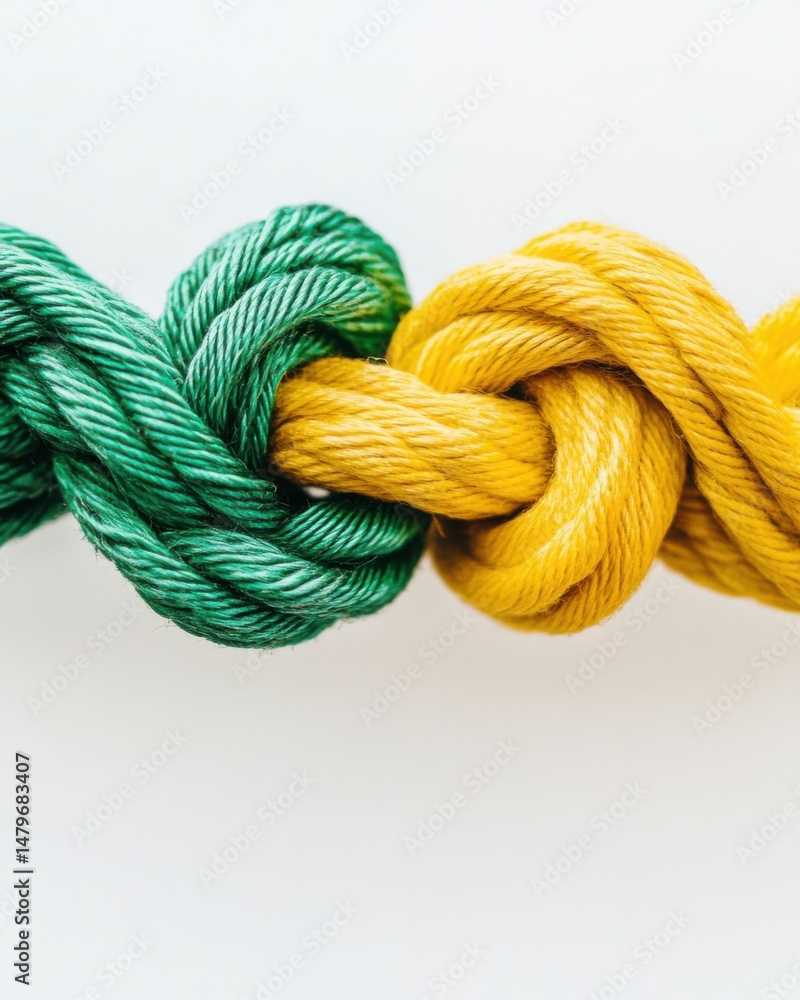 Poster close-up of green and yellow threads intertwined on white background demonstrating connection and in