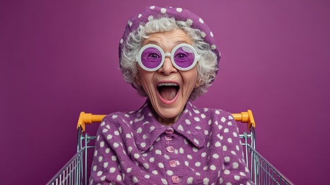 In a vibrant purple setting, a spirited grandma wears a retro dress, complete with oversized glasses, while joyfully riding a shopping cart, exuding happiness and energy