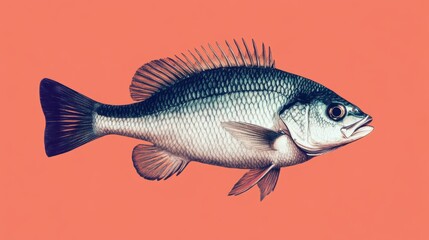 Obraz premium Full horizontal sea bass, centered frame, with scale and fin detail visible on orange