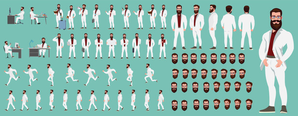 Man Character design. Front, side, back view and explainer animation poses. Character set with lip sync and facial expressions of Happy, angry, sad, Joy with Side walk cycle animation sequence sprite 