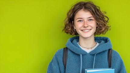 A cheerful student stands in front of a bright green wall, smiling while holding textbooks close to her chest. She wears a cozy hoodie and a backpack, radiating enthusiasm for learning