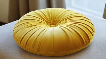 Close-up of a Round Yellow Velvet Pillow on a Gray Bench in Natural Light Interior Design Home Decor