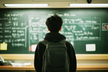 A student stands focused before a chalkboard filled with complex mathematical equations, symbolizing dedication and intellectual curiosity.