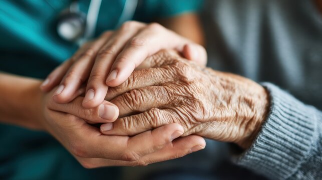 Caring Nurse Gently Holding Hands of Elderly Patient in Moment of Comfort and Compassion