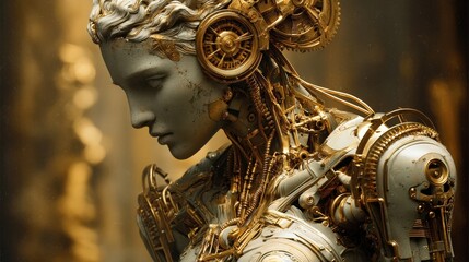 A mesmerizing statue showcases a blend of ancient artistry and contemporary technology. Intricate details reveal mechanical components fused with classical features, creating an exceptional piece
