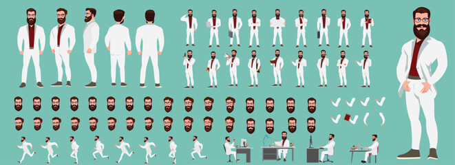 Man Character design. Front, side, back view and explainer animation poses. Character set with lip sync and facial expressions of Happy, angry, sad, Joy with Side walk cycle animation sequence sprite 