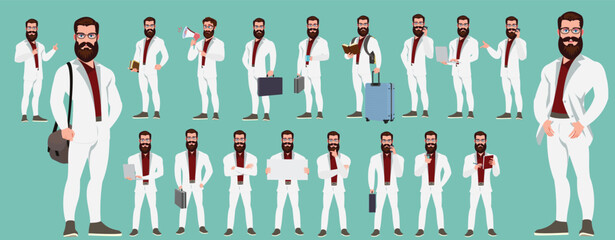 Man Character design. Front, side, back view and explainer animation poses. Character set with lip sync and facial expressions of Happy, angry, sad, Joy with Side walk cycle animation sequence sprite 
