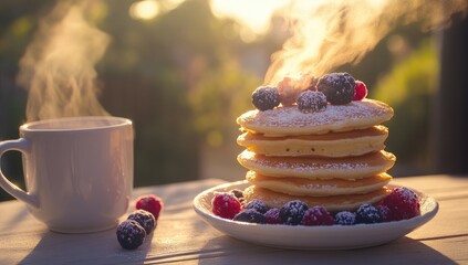 Stack of fluffy pancakes topped with fresh berries and powdered sugar, steaming hot, served with a cup of coffee outdoors in the sunlight