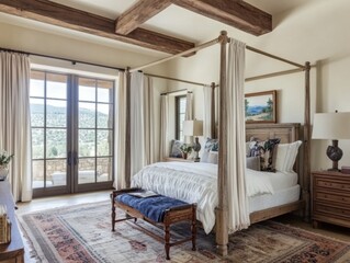 Serene Bedroom Retreat Four Poster Bed Rustic Beams Mountain View Interior Design Neutral Palette Wide Angle