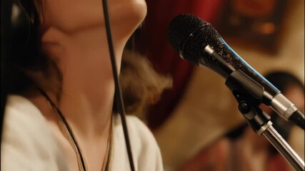 Woman singing into a microphone during a live performance in a music venue, close up of a vocalist performing in front of audience - Powered by Adobe