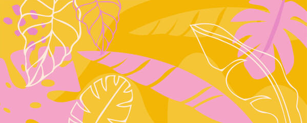 Colorful tropical summer background. Summer banner, poster design with jungle leaves