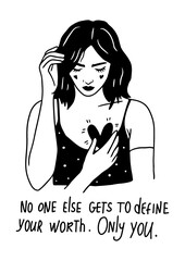 Woman holding a heart over her chest with eyes closed, black and white vector illustration symbolizing self-worth, inner strength and healing