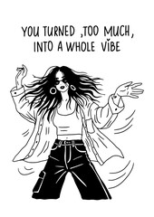 Confident woman dancing in open shirt and sunglasses, black and white vector illustration of self-expression, bold energy, and unapologetic power