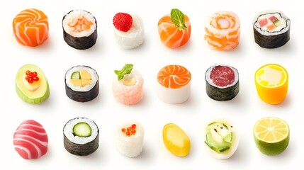 Assorted sushi rolls, brightly colored, on a white background.