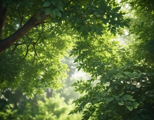 Fototapeta premium Blurred green leaves, dappled sunlight, soft focus, lush vegetation , hazy, unfocused, photographic