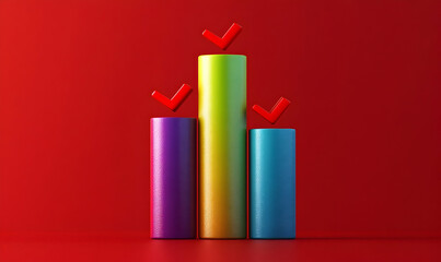 Colorful 3D bar chart showcases upward trend, marked by red checkmarks indicating successful achievement or positive growth