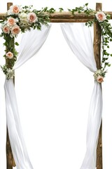 Rustic Wedding Arch Adorned with Peach Roses and White Draping Fabric Isolated on White Background Close Up