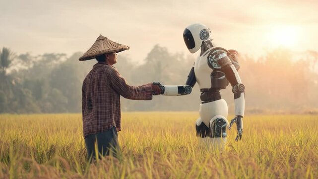 Harvesting the Future: A collaborative handshake between a farmer and a cutting-edge robot amid a verdant rice field, depicting the blend of tradition and technology.