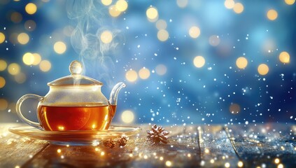 Clear glass teapot filled with steaming dark tea, on a rustic wooden table, bathed in warm, festive lighting, with a bokeh effect of warm lights and falling snow