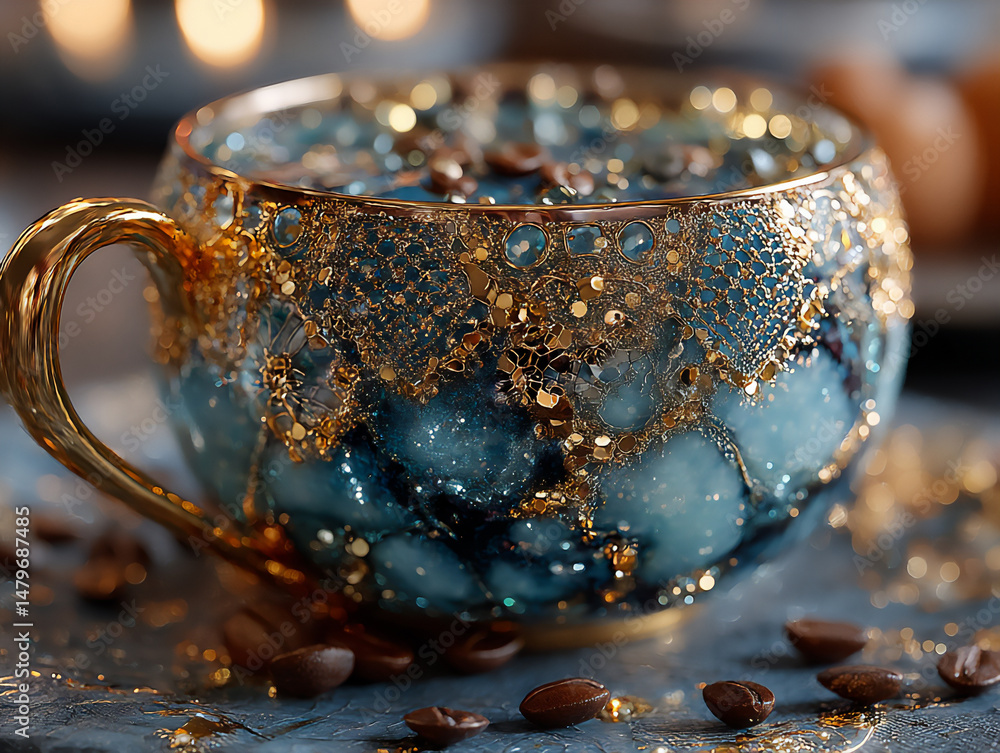 Aufkleber a close-up 3d render of a coffee cup with intricate gold patterns shimmering in the dim light, surro