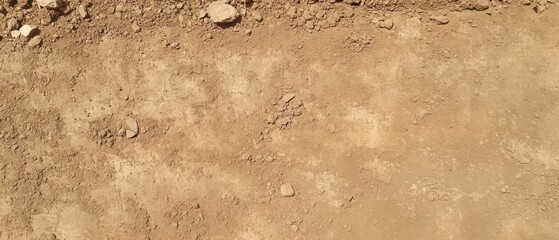 Close-up View of Arid Desert Ground with Rocks and Dirt in Natural Sunlight; Dry Soil Texture Background for Construction and Agriculture