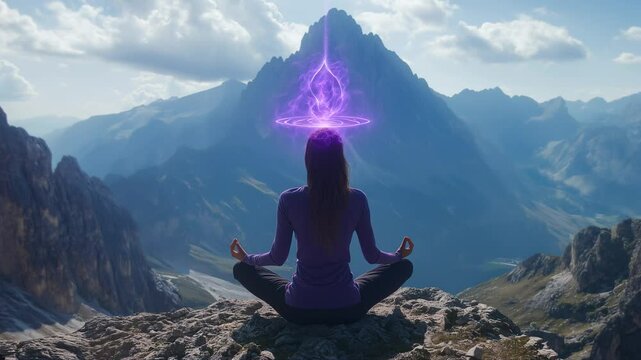 spiritual woman with purple lotus above head meditating in the mountain area. divine connection to the universe. purple stream of consciousness into pineal gland. crown chakra seventh chakra opening.