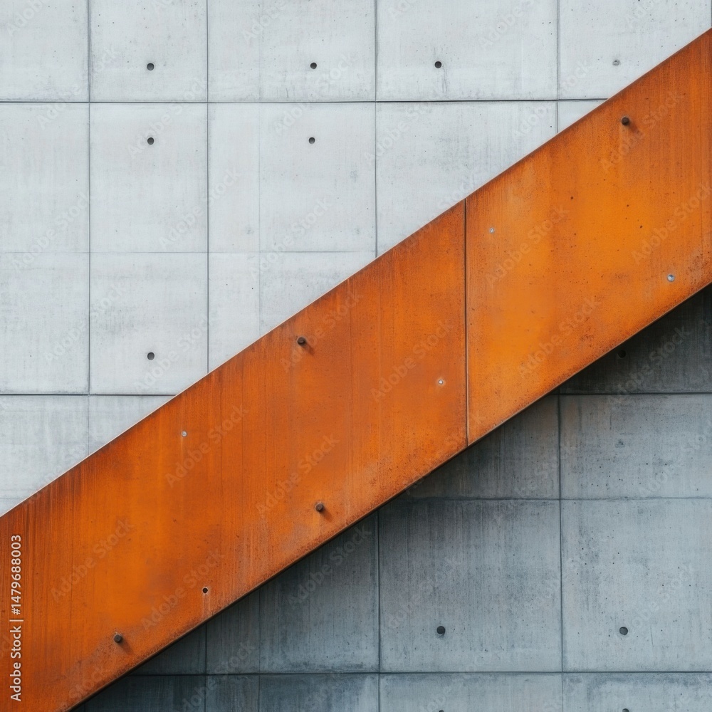 Poster abstract view of modern architecture featuring a rusty orange beam against a concrete tiled wall fro