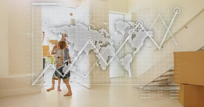 family carrying moving boxes at entrance, showing logistics data with world map and data table