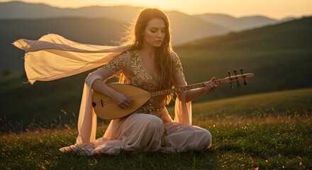 Woman Playing a Saz in a Golden Sunset Landscape