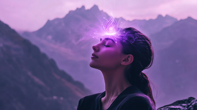 spiritual woman with purple lotus on forehead meditating in the mountain area. divine connection to the universe. purple stream of consciousness into pineal gland. crown chakra seventh chakra opening.