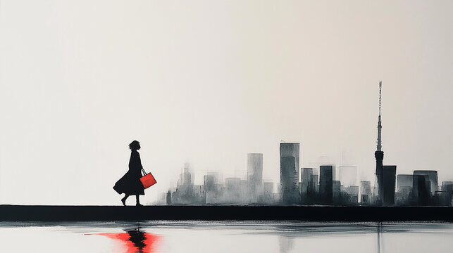 Minimalist Urban Silhouette with Woman Walking Alone – National Simplicity Day Concept - Powered by Adobe