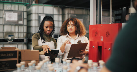 Distillery, check and inspection with women in factory for packaging, drink production and bottle...