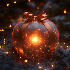 Close-Up of a Gift Box with Orange Ribbon Unwrapping to Reveal a Glowing Orb of Light – Microphotography with Magical Detail
