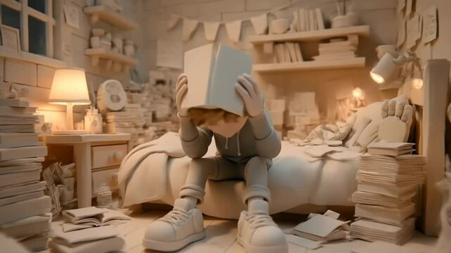 Teen hides under duvet with exam stress and book in hand