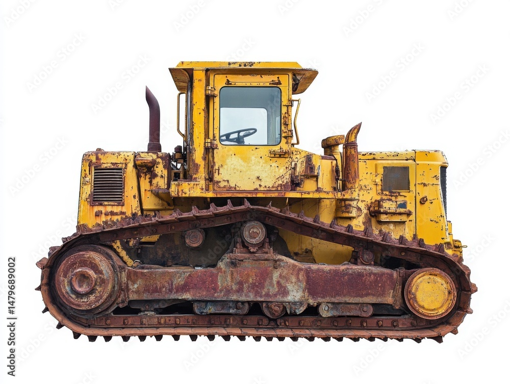 Poster front view of an old yellow bulldozer with rust on a white background in a studio shot for industria