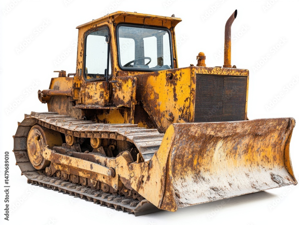 Aufkleber front view of weathered yellow bulldozer with rust detail on white background studio shot heavy mach