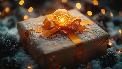 Close-Up of a Gift Box with Orange Ribbon Unwrapping to Reveal a Glowing Orb of Light – Microphotography with Magical Detail