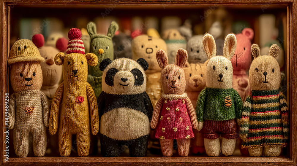 Aufkleber an image of a shelf filled with a vibrant assortment of knitted animal toys, each with unique design