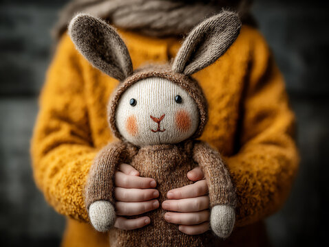 a close-up of a child's hands gently holding a knitted bunny doll, showing a tender connection between the child and the toy. - Powered by Adobe