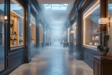Fototapeta premium Misty Ambiance in Retail Corridor with Elegant Displays and Framed Decor