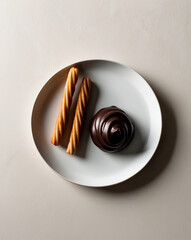 Fototapeta premium Churros with chocolate dip on a white plate