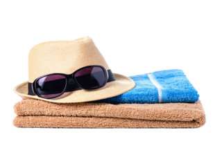 Straw hat, sunglasses, towels on transparent background, perfect for summerthemed designs, travel brochures, vacation advertisements, and beachthemed graphics.