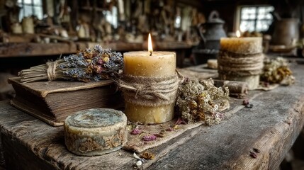 Fototapeta premium Rustic candles and dried herbs on wooden table in vintage apothecary setting.
