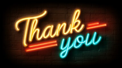 Neon style glowing "Thank You" text in vibrant colors on dark brick wall background.