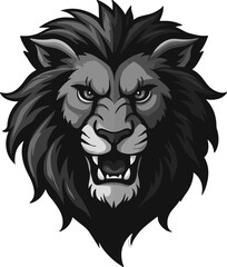  Logo of an angry lion with a lush mane and beautiful eyes, lion head icon in black and white colors.