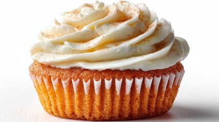 Delicious vanilla cupcake with creamy frosting and cinnamon topping close-up.