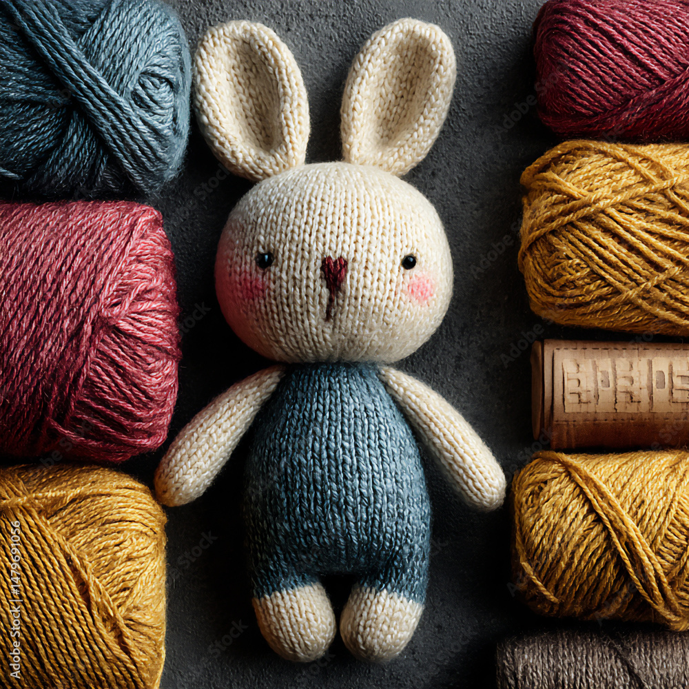 Poster an image showcasing a partially finished knitted bunny doll surrounded by different colored yarns an