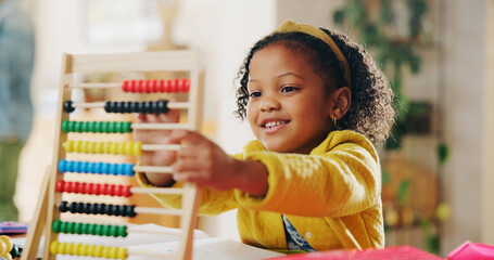 Education, learning and child with abacus, happy and counting with beads for homework and practice. House, student and girl with equipment for knowledge, growth and development for maths in apartment