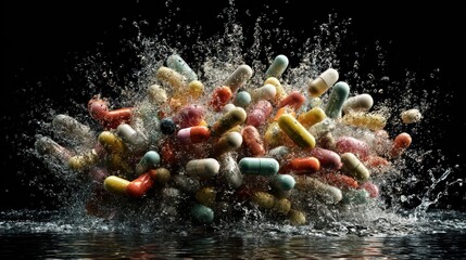 Airborne pills in chaotic arrangement with explosive water splash, symbolic of drug confusion or risk